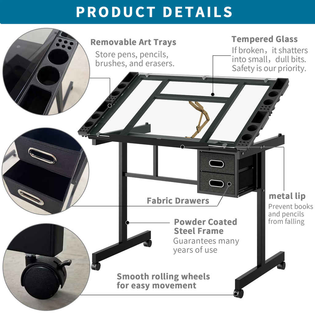 Adjustable Art Drawing Desk Craft Station with 2 Drawers and Wheels – image 3