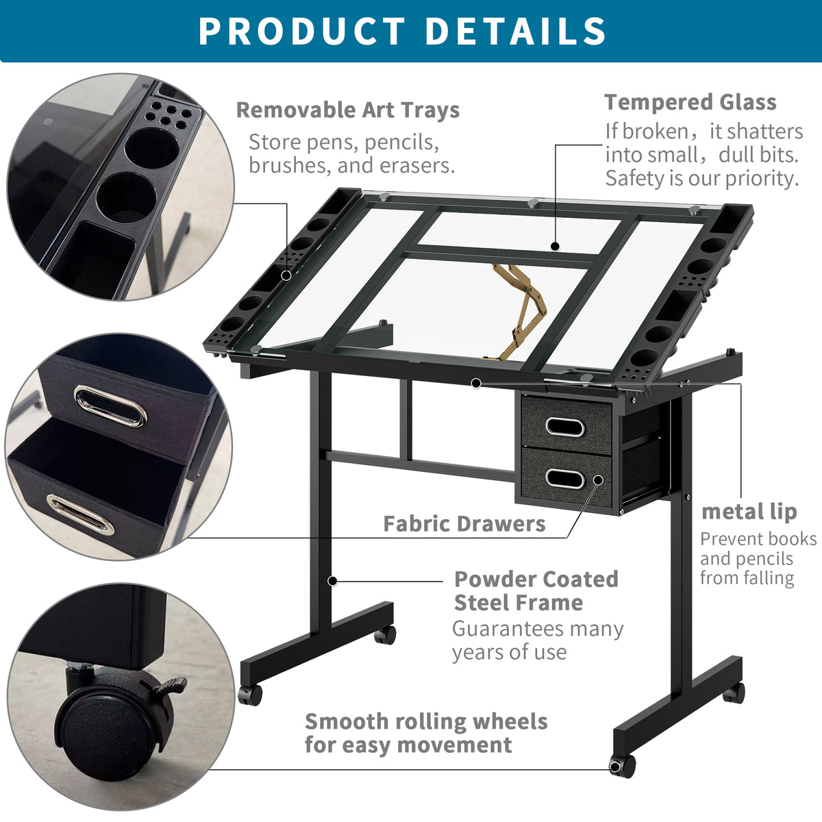 Adjustable Art Drawing Desk Craft Station with 2 Drawers and Wheels – image 3