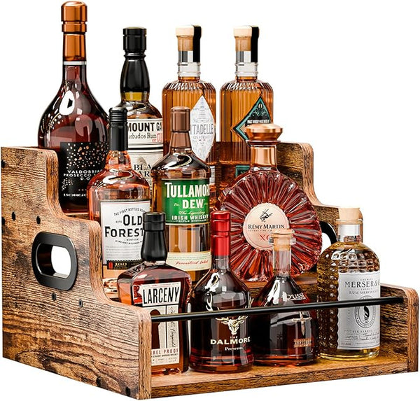 3-Tier Countertop Bottle Display Shelf, Wood Syrup and Beverage Rack