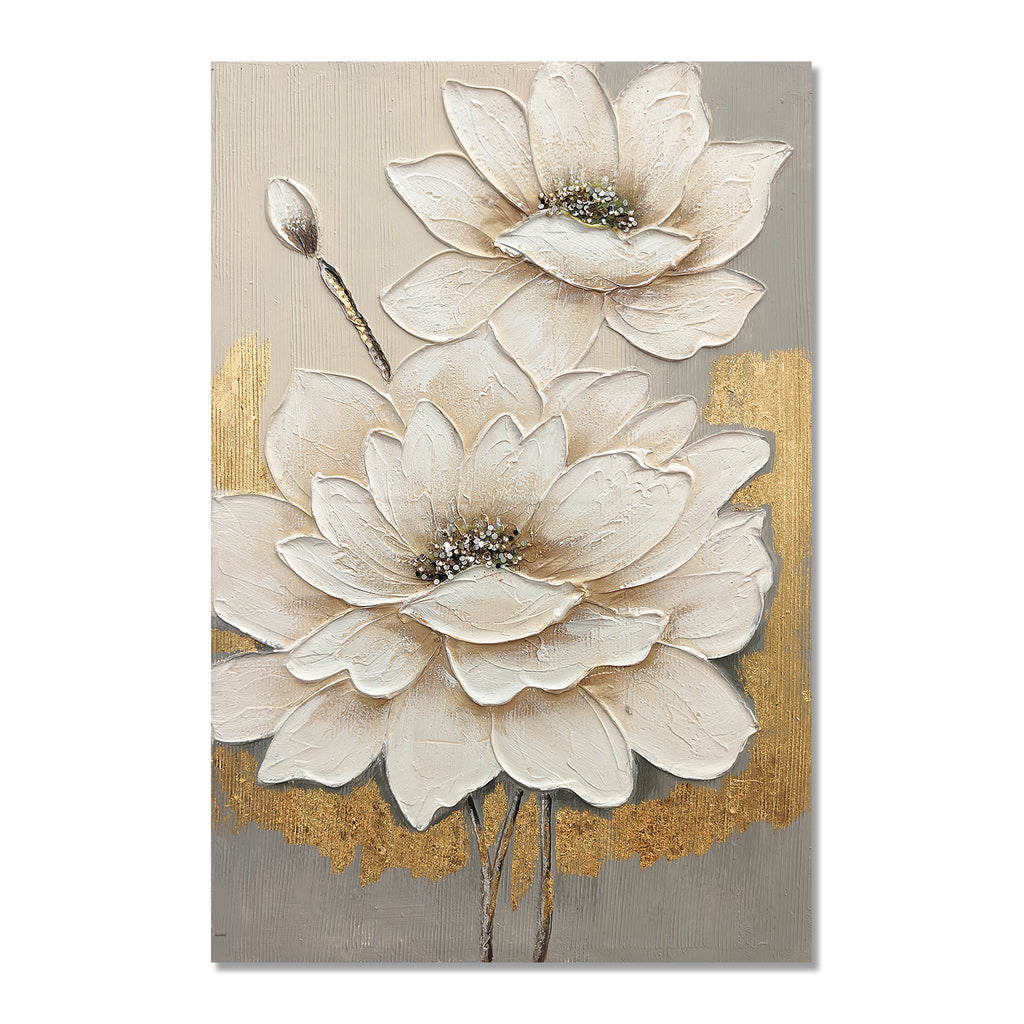 Textured Lotus Flower Canvas Wall Art 24 x 36 In, White and Gold – image 13