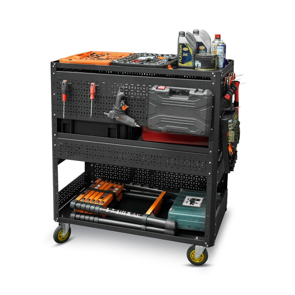 Rolling Tool Cart 3-Tier Steel with Pegboard Sides for Garage
