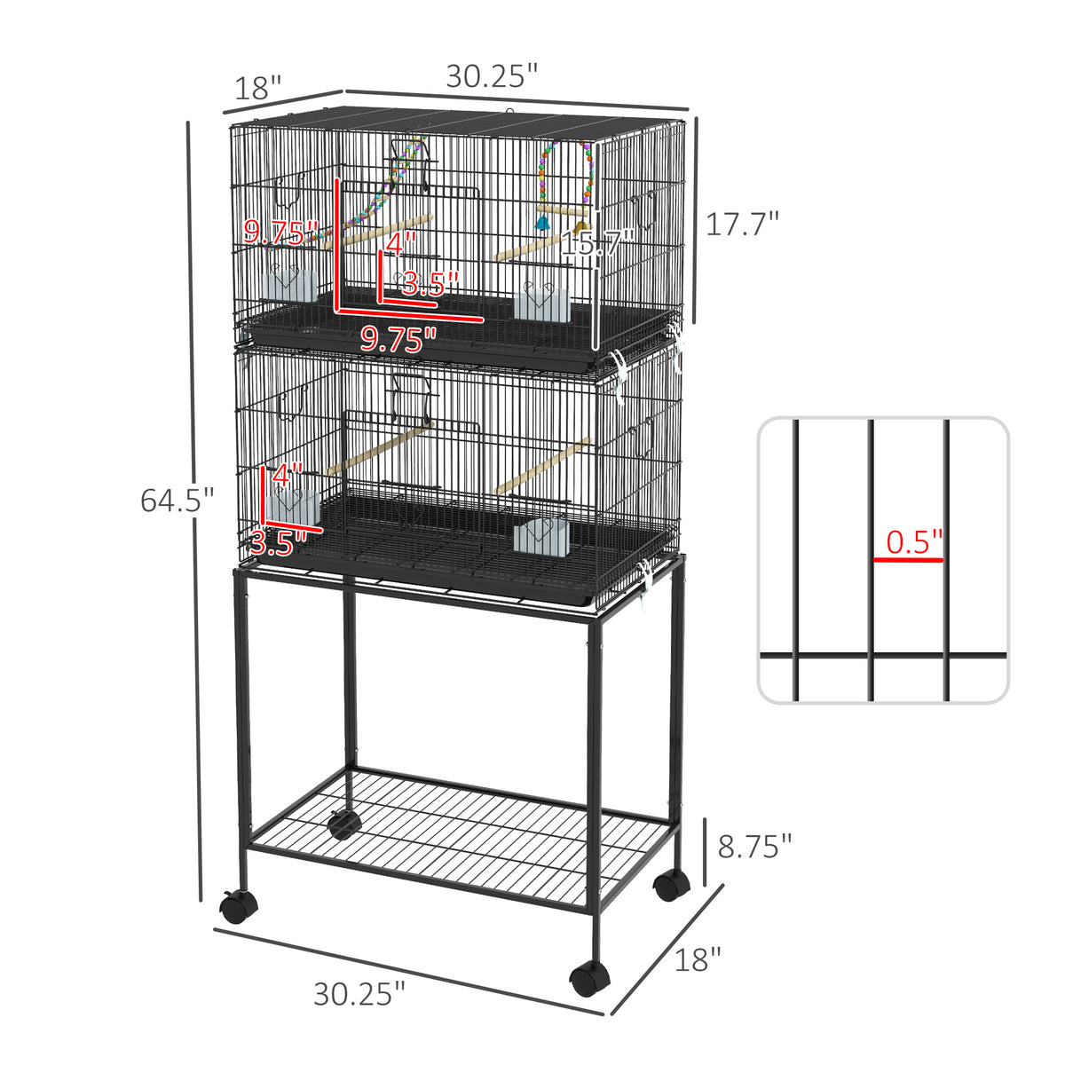 Double Stackable Bird Cage with Rolling Stand for Canaries, Black – image 3