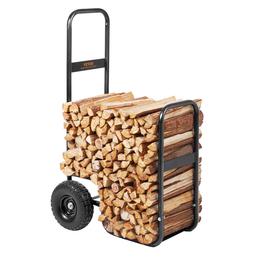 Firewood Log Cart, 250 Lbs Capacity, Outdoor and Indoor Wood Rack Storage Mover with PU Wheels Waterproof Cloth, Heavy Duty Steel Dolly Hauler, Firewood Carrier for Fireplace, Fire Pit, Black