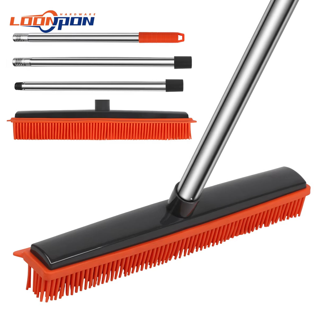 Silicone Rubber Push Broom - Pet Hair Removal Broom for Carpet, Tile & Windows