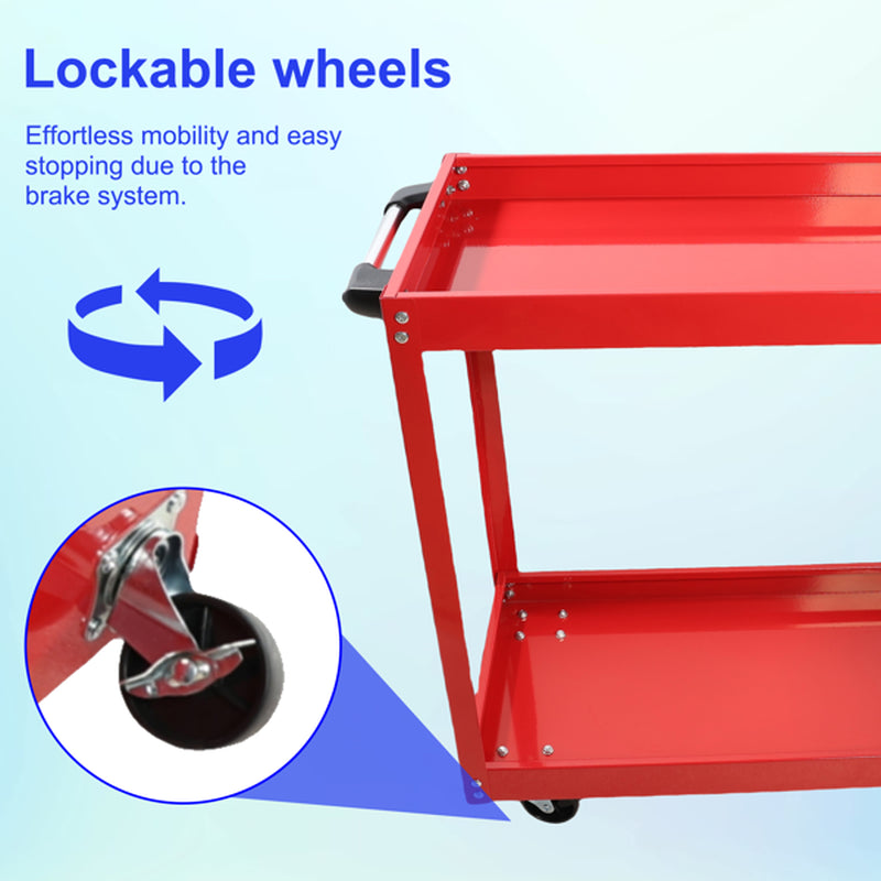 Rolling Tool Cart 2-Shelf Steel Utility Cart, 400 lb, Red – image 6