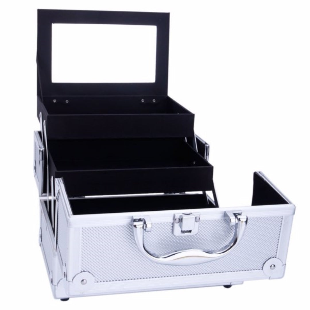 Aluminum Makeup Train Case with Mirror and Fold-Out Trays, Silver – image 2