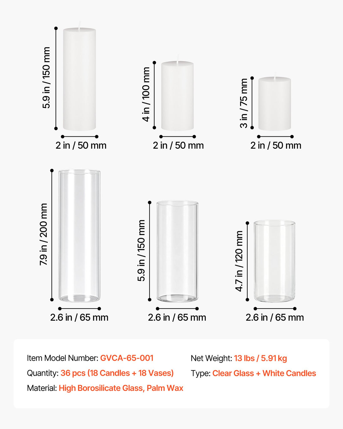 Pillar Candles and Glass Cylinder Vases Set, 36 Pc