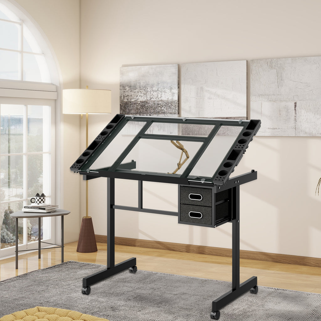 Adjustable Art Drawing Desk Craft Station with 2 Drawers and Wheels – image 2