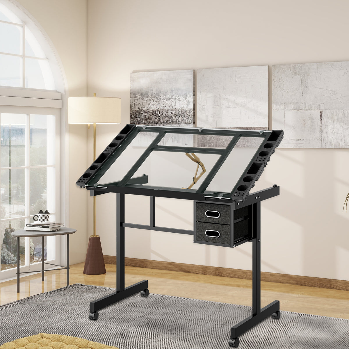 Adjustable Art Drawing Desk Craft Station with 2 Drawers and Wheels – image 2