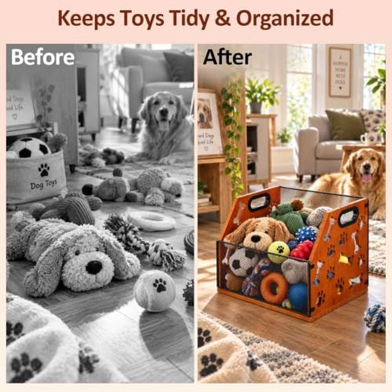 Dog Toy Basket, Wood and Metal Mesh Pet Toy Storage Bin – image 6