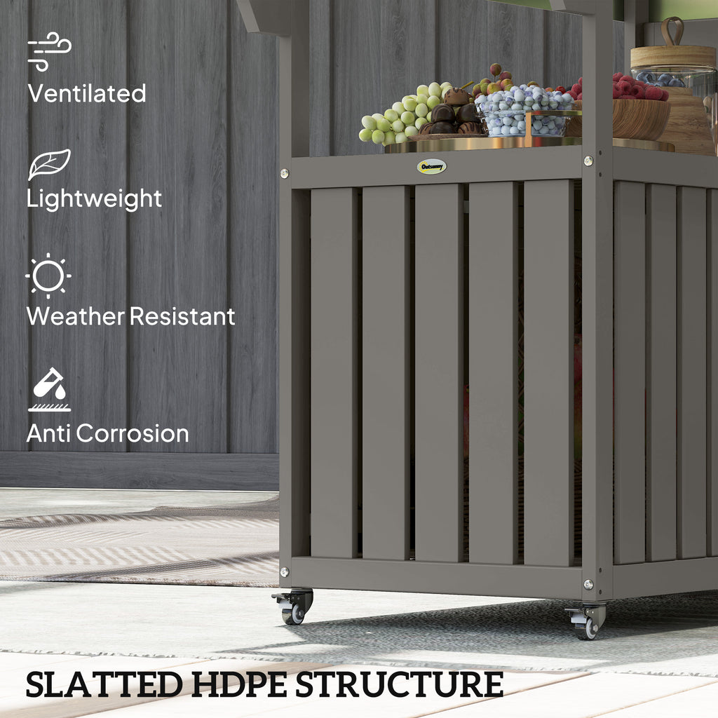 Outdoor Bar Cart with Storage, Stainless Steel Outdoor Bar Table Top, Wheeled HDPE Kitchen Island for Food Prep, Gray