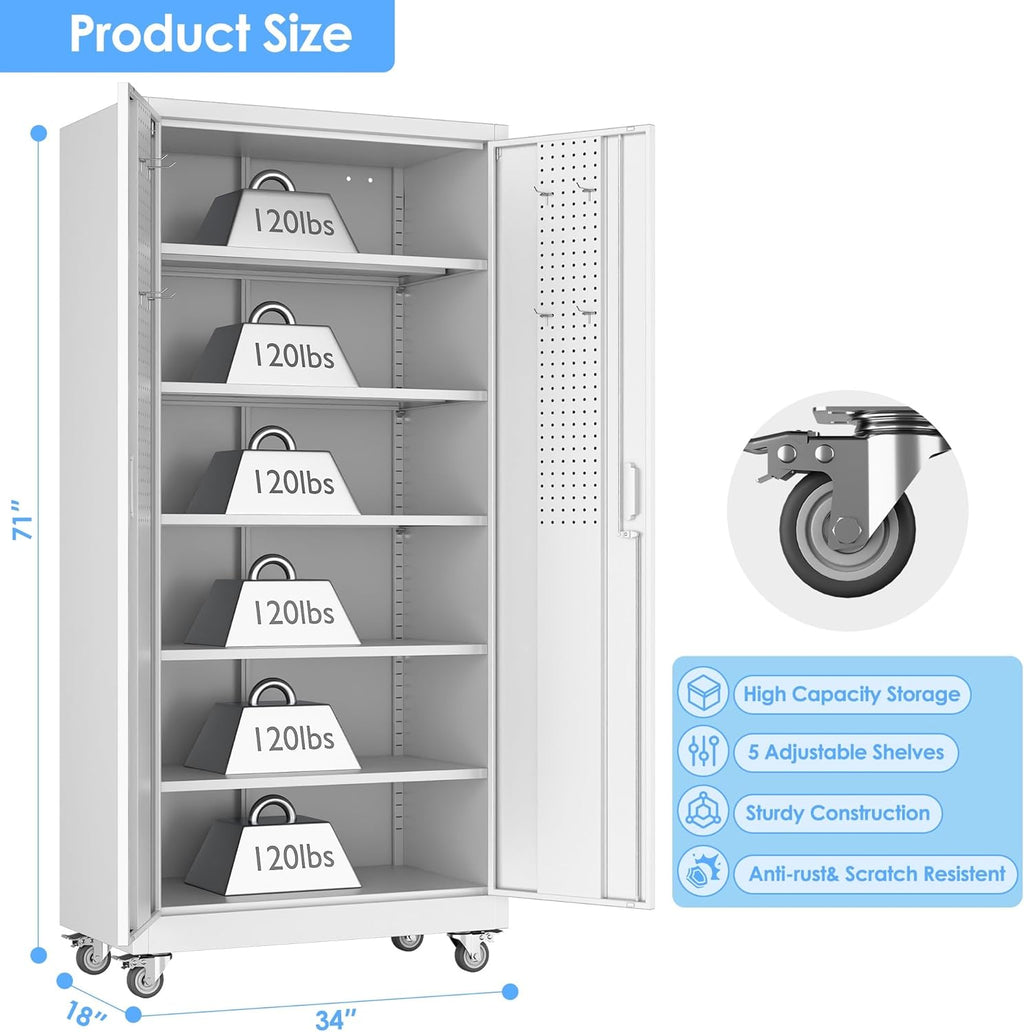 Garage Storage Cabinet Locking Metal with Wheels, Pegboard Doors – image 4