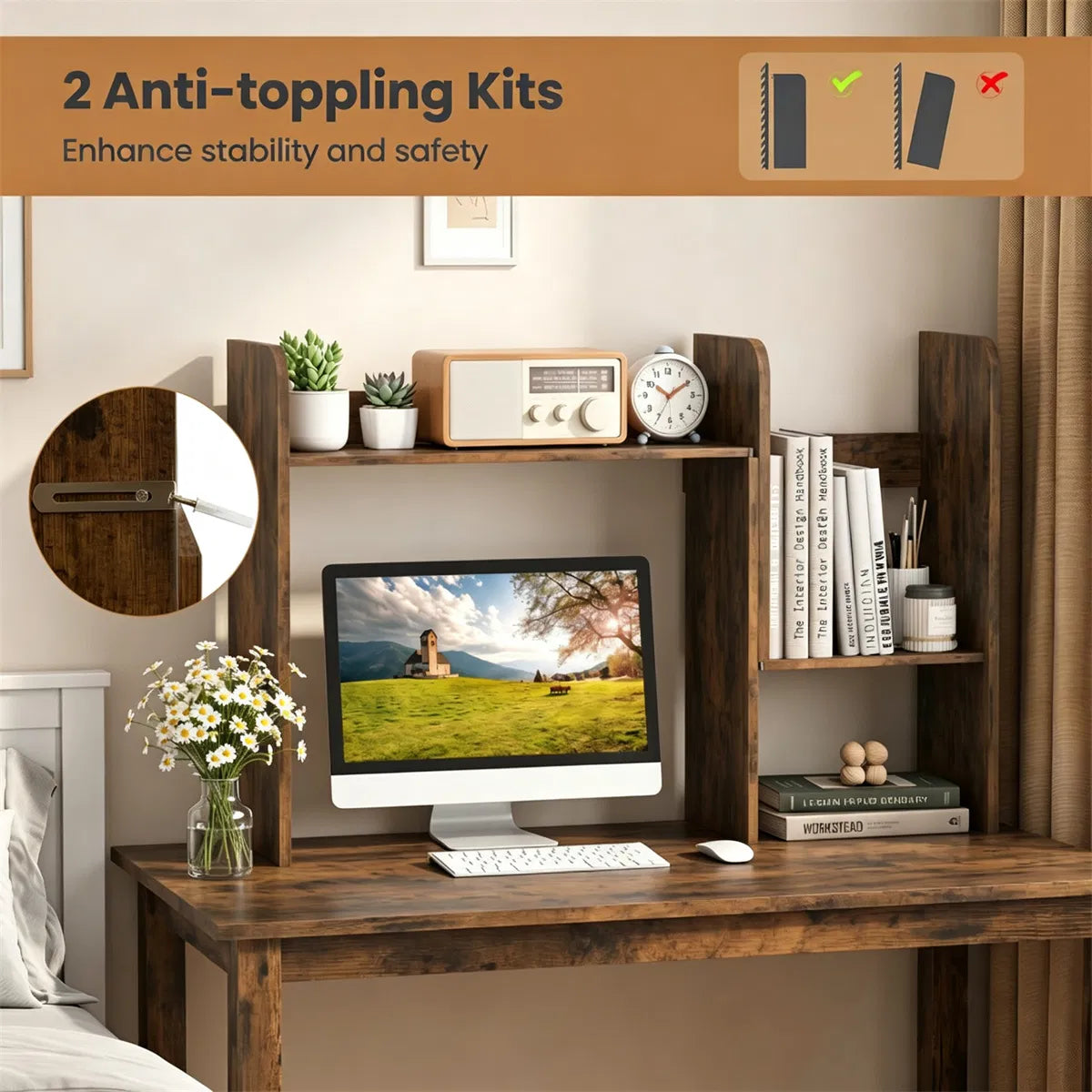 Expandable Desktop Hutch Shelf 26-38 Inch, Rustic Brown Desk Organizer – image 9