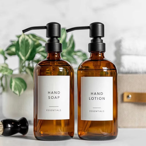 Amber Glass Soap Dispenser Set with Steel Pumps