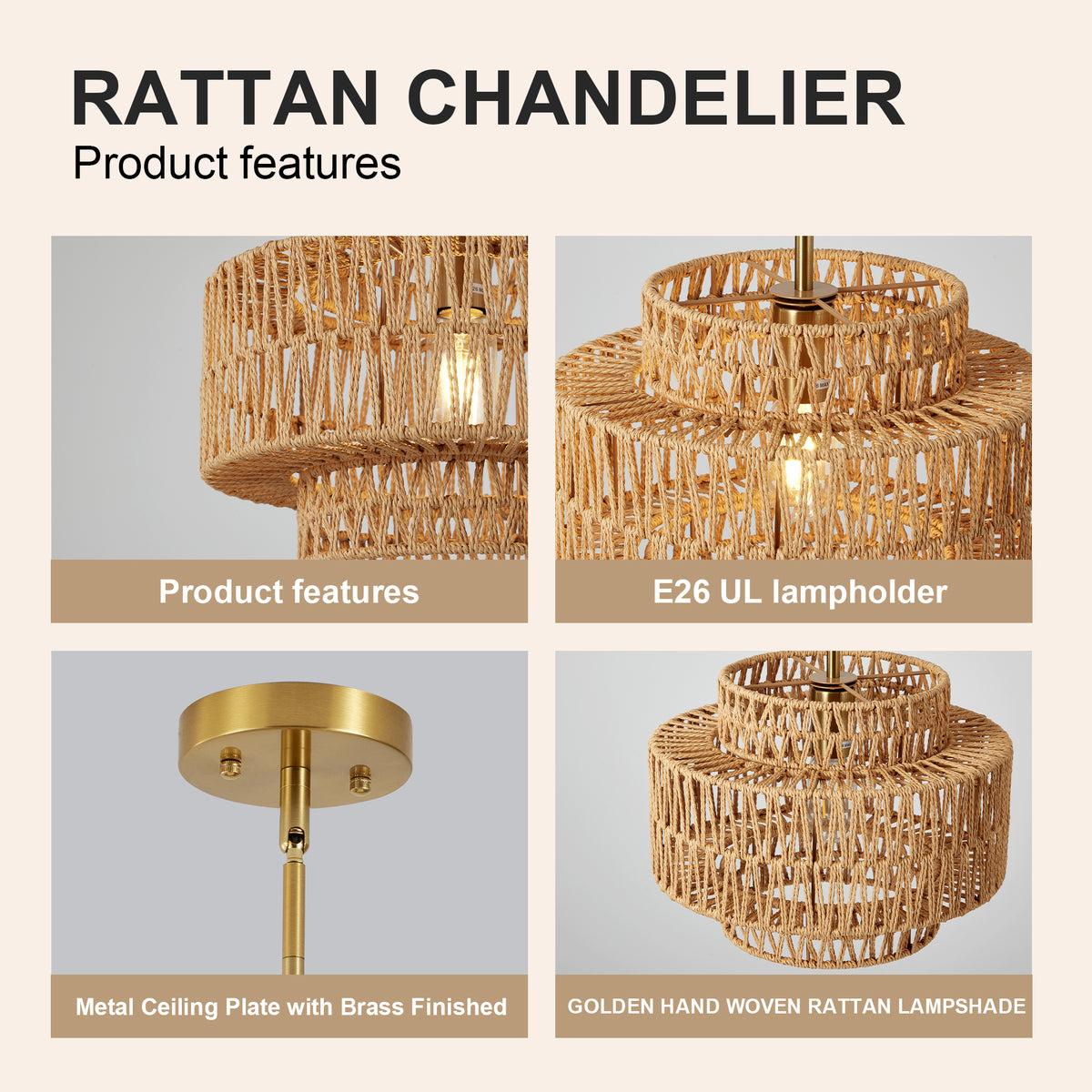 Boho Rattan Pendant Light Hand Woven 12.6 Inch Hanging Fixture