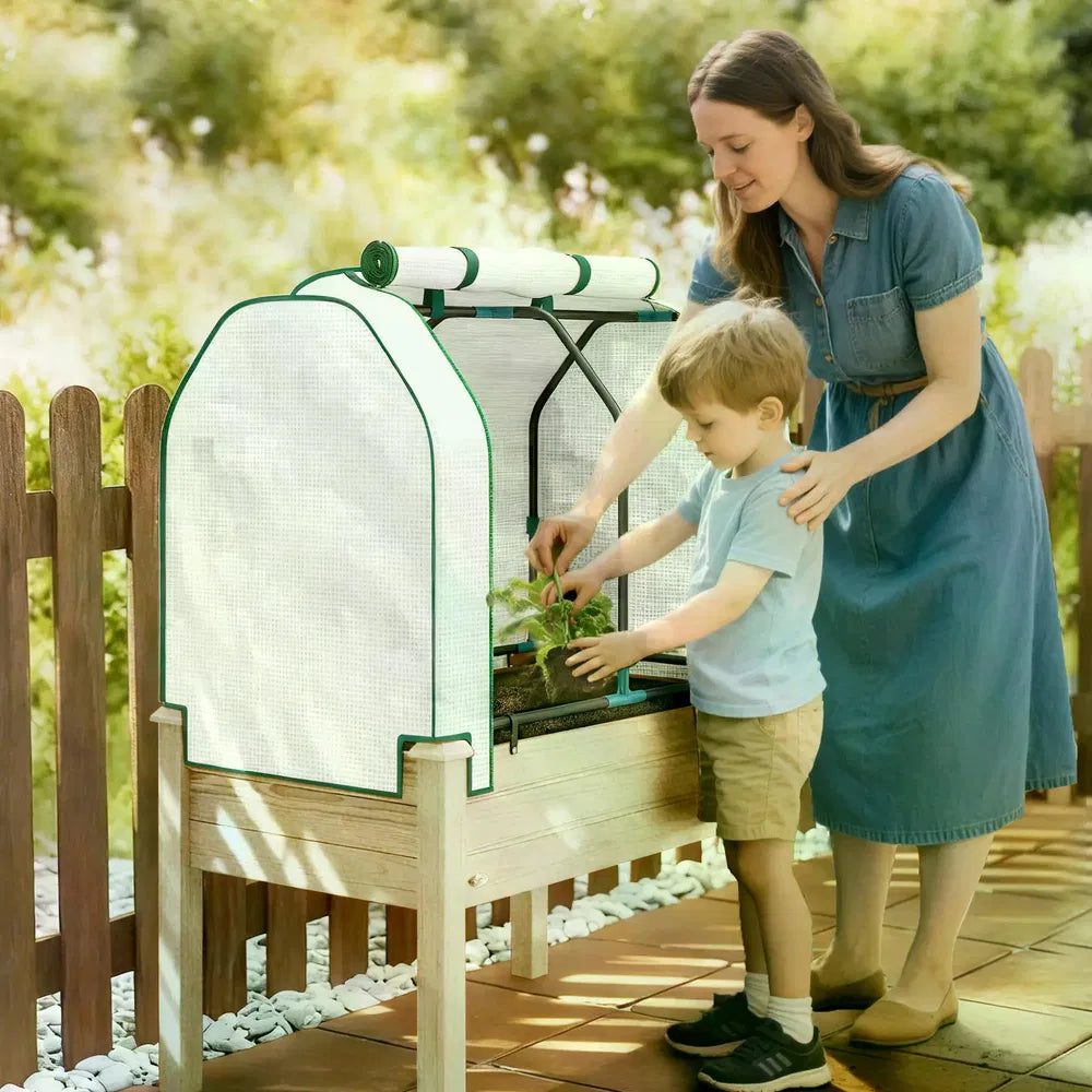 Raised Garden Bed, Wooden with Mini Greenhouse Cover