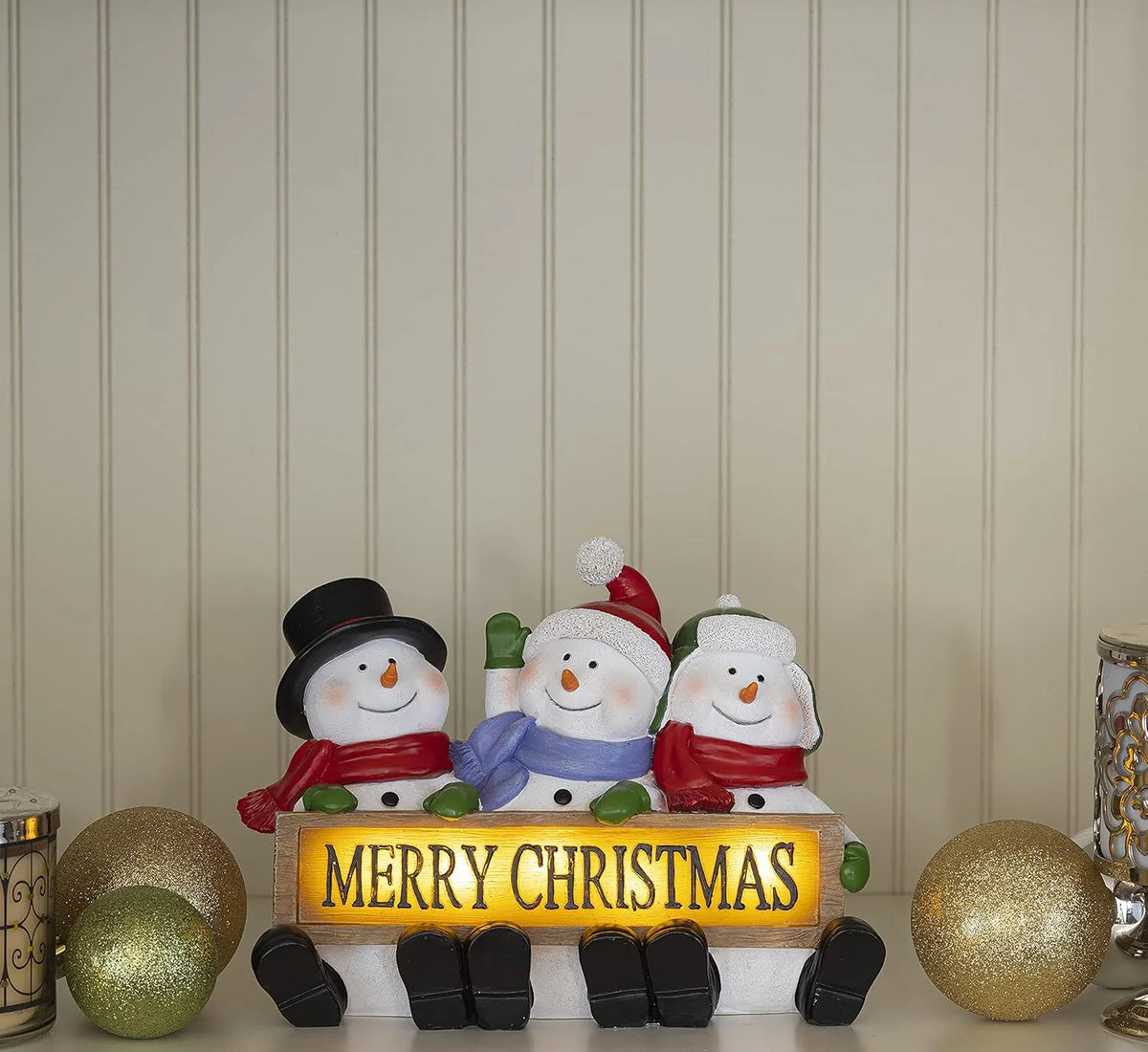 Lighted Snowman Figurines Set of 3, Merry Christmas Sign Decor – image 5