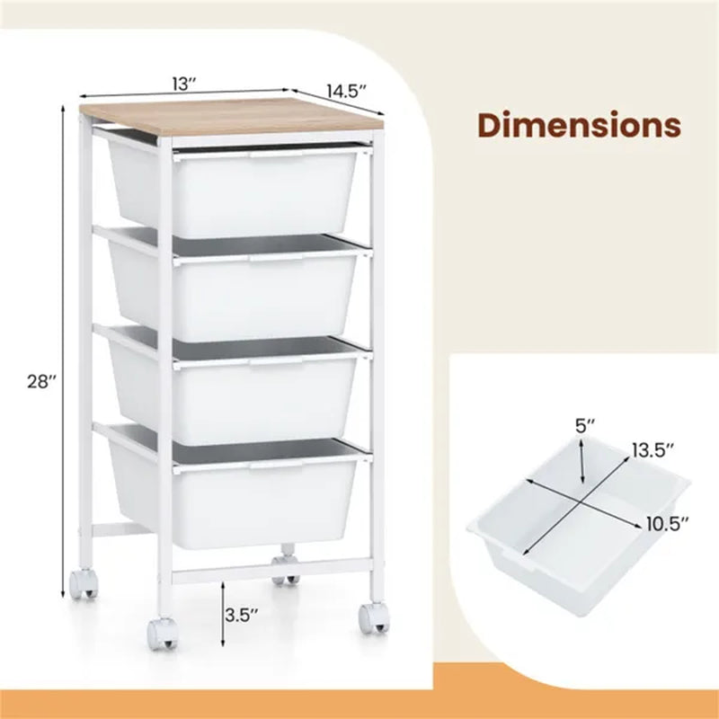 4-Drawer Rolling Craft Cart with Wood Top, Natural & White – image 5