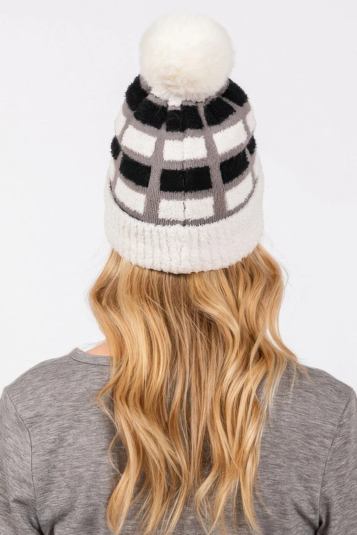 Color Block Pom Pom Beanie, Soft Stretch Knit Winter Hat – image 6
