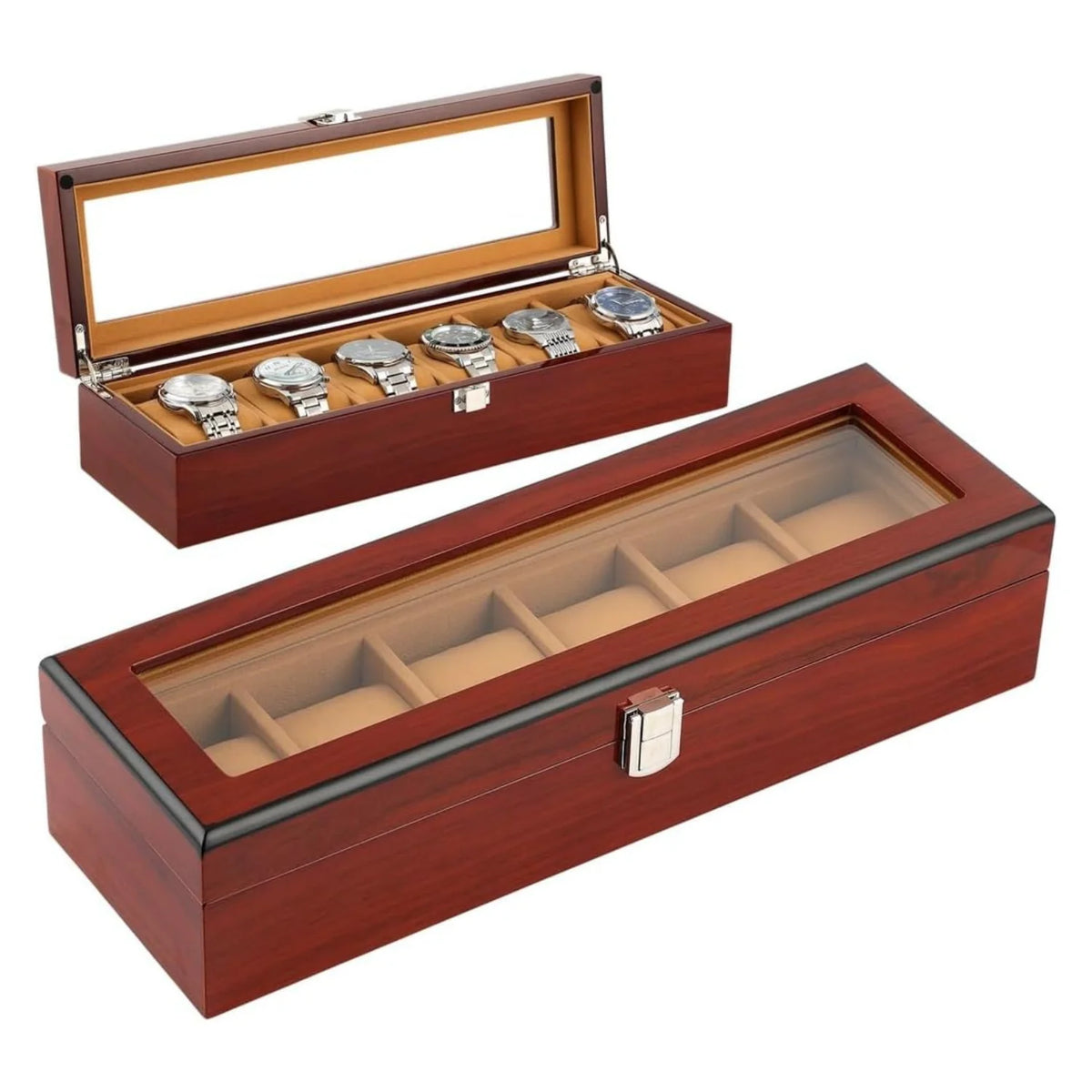 Wooden Watch Box 6-Slot, Glass Top Display Case Organizer