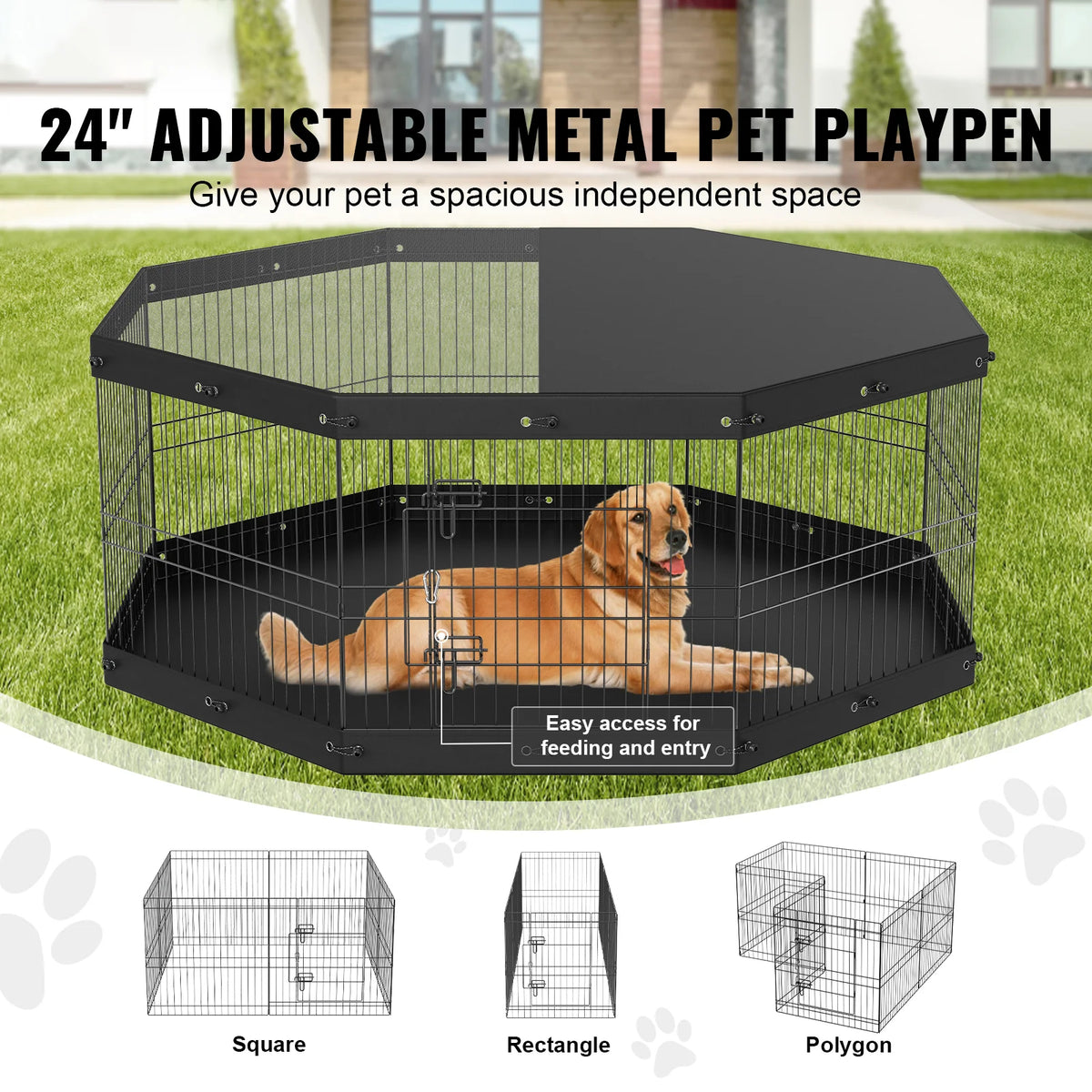 Dog Playpen with Top Cover and Pad, 8 Foldable Metal Panels, 24 in – image 2