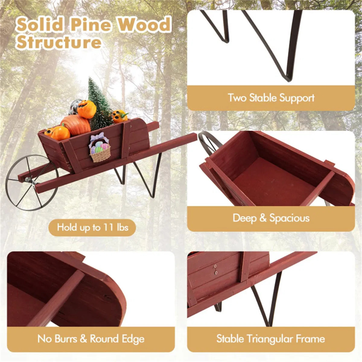 Wooden Wheelbarrow Planter with 9 Seasonal Magnetic Decorations – image 8
