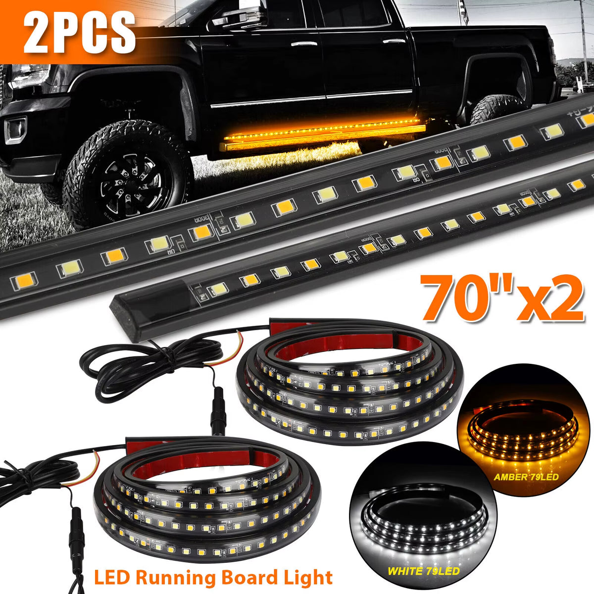 LED Running Board Light Strips, 2-Pack White and Amber 12V