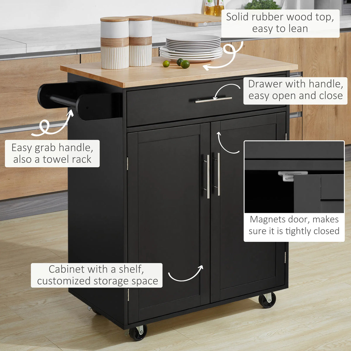 Rolling Kitchen Island Cart with Wood Top, Drawer and Cabinet, Black – image 6