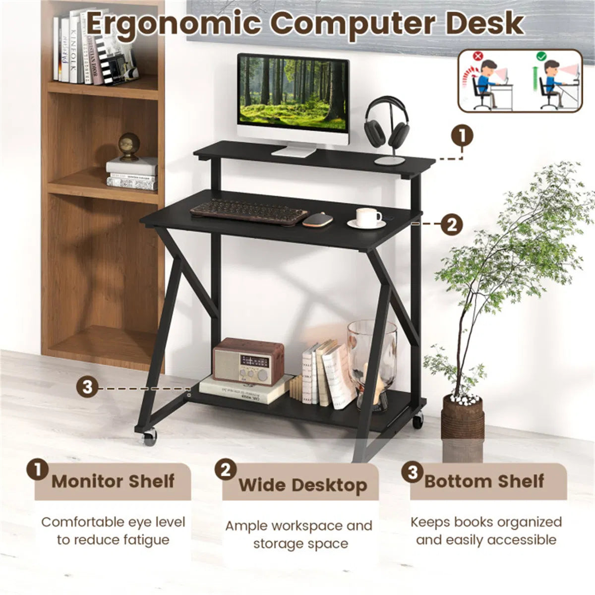 Rolling Computer Desk 32 in with Power Strip and Monitor Shelf – image 12
