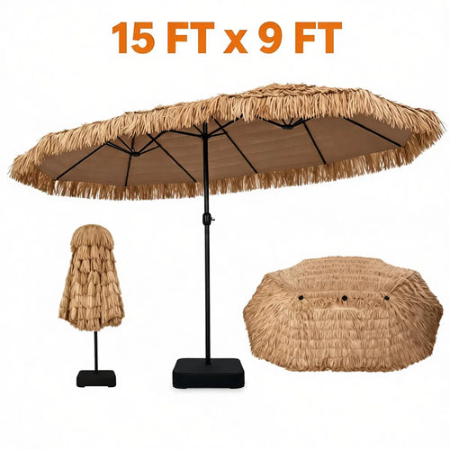 15x9 ft Double-Sided Tiki Patio Umbrella with Thatch and Weighted Base – image 2