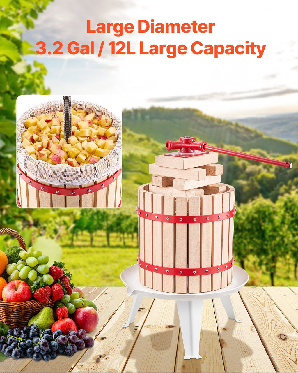 Fruit Wine Press 3.2 Gal (12 L) Beechwood Basket Cider & Juice Press – image 6