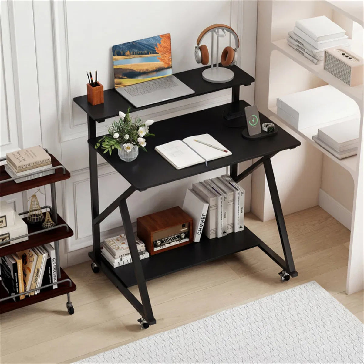Rolling Computer Desk 32 in with Power Strip and Monitor Shelf – image 9