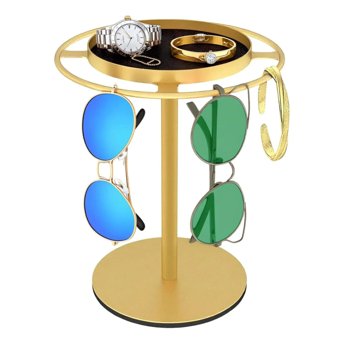 Sunglasses Organizer Rotating Stand, Gold Metal with Jewelry Tray