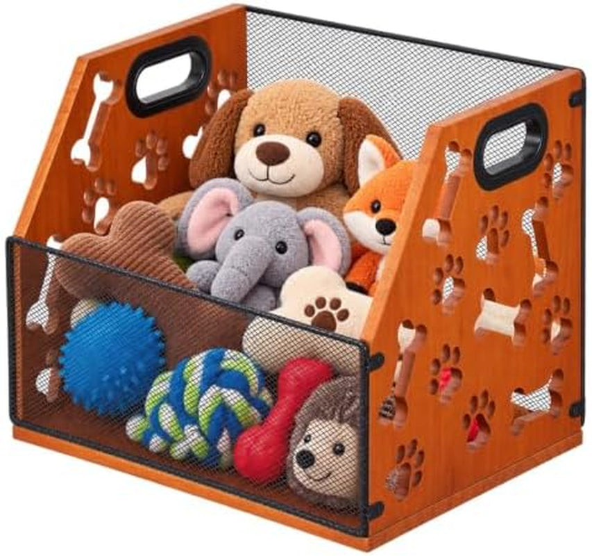 Dog Toy Basket, Wood and Metal Mesh Pet Toy Storage Bin