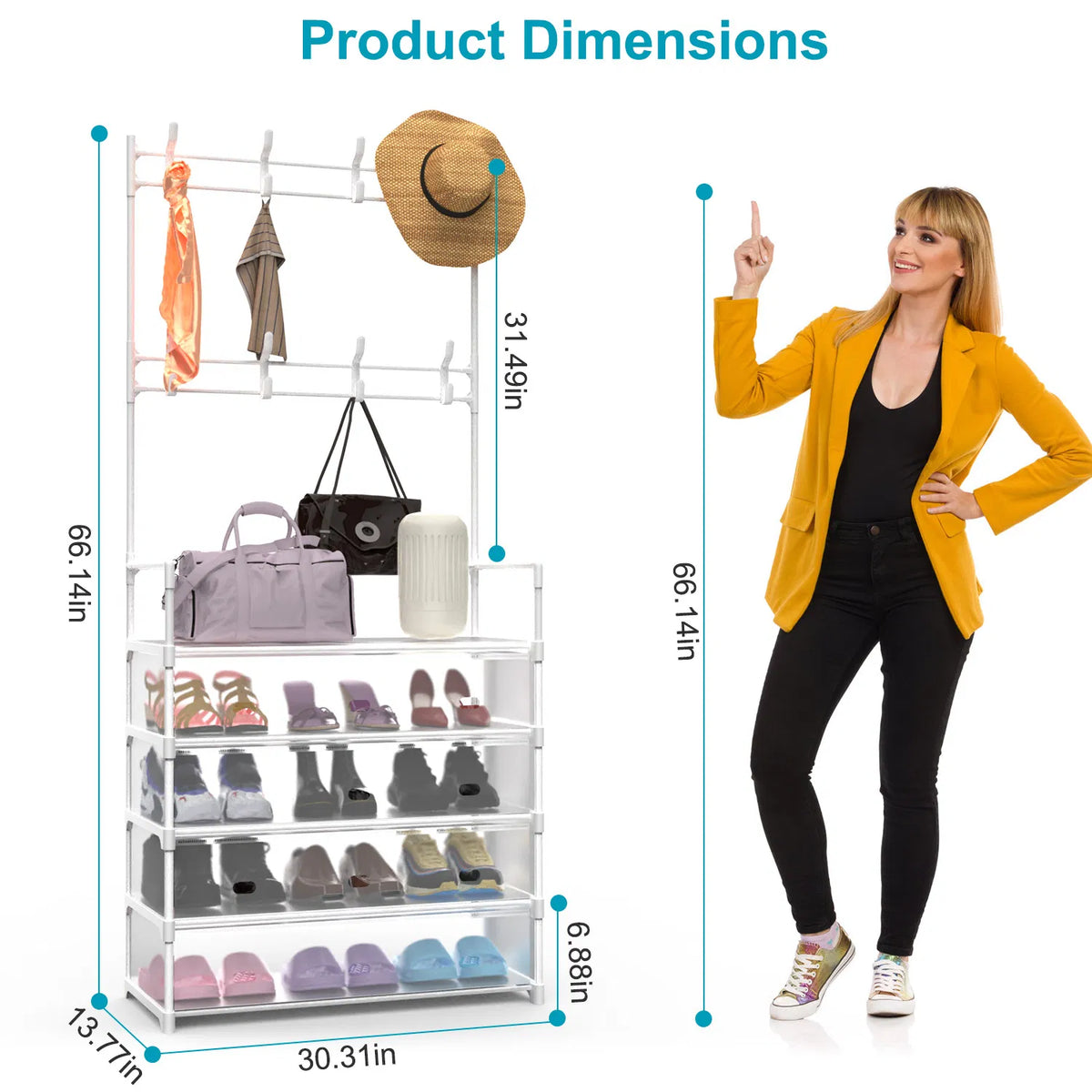 Shoe Rack with Coat Hooks, 5-Tier Dustproof Entryway Hall Tree – image 7