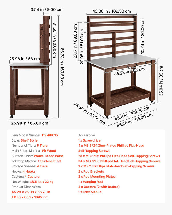 Rolling Potting Bench with 45 x 26 in Stainless Steel Top and Shelves