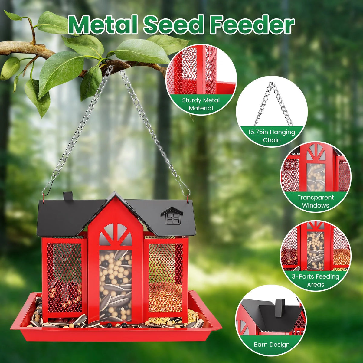 Metal Bird Feeder - Hanging Barn House with Lift-Top Lid – image 8
