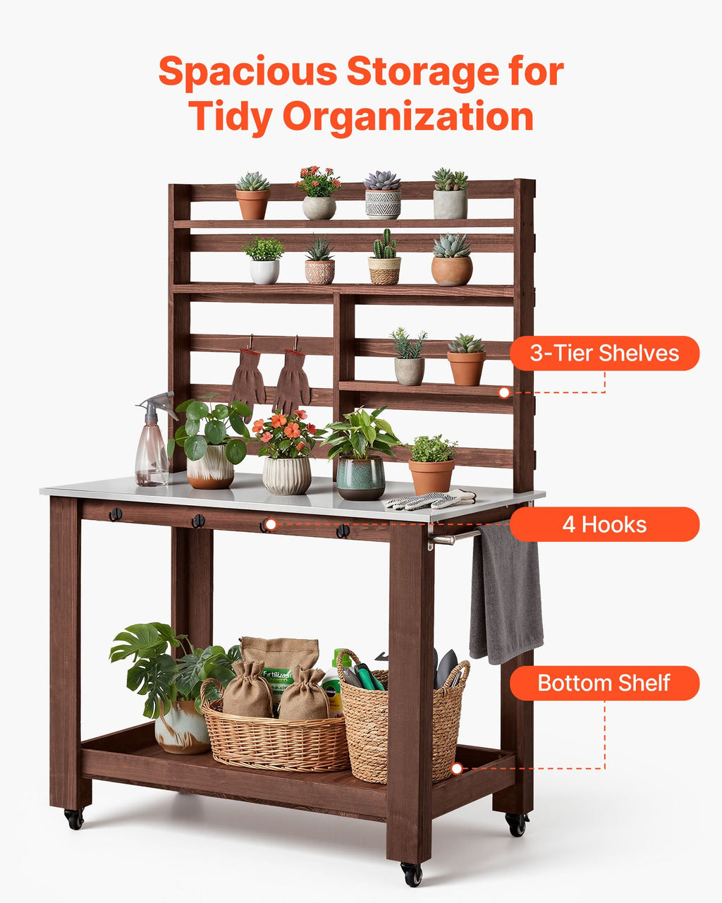 Rolling Potting Bench with 45 x 26 in Stainless Steel Top and Shelves – image 5