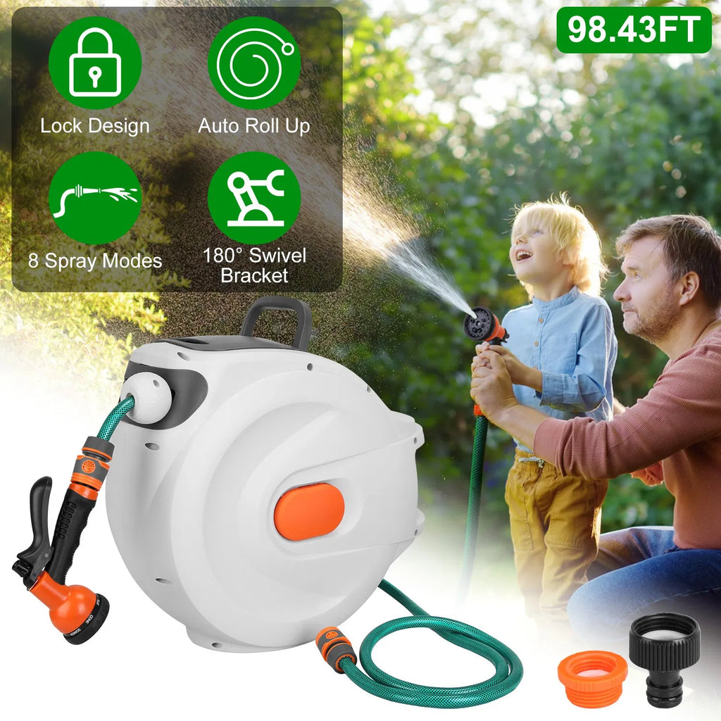 Wall Mount Retractable Garden Hose Reel 98 Ft with Sprayer