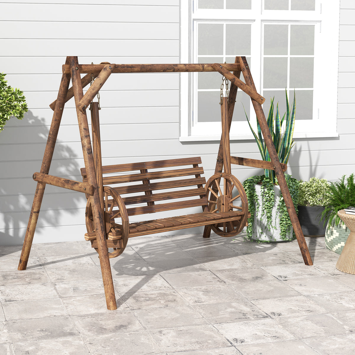 Porch Swing with A-Frame Stand, 2-Seat Wooden Log Patio Swing – image 7