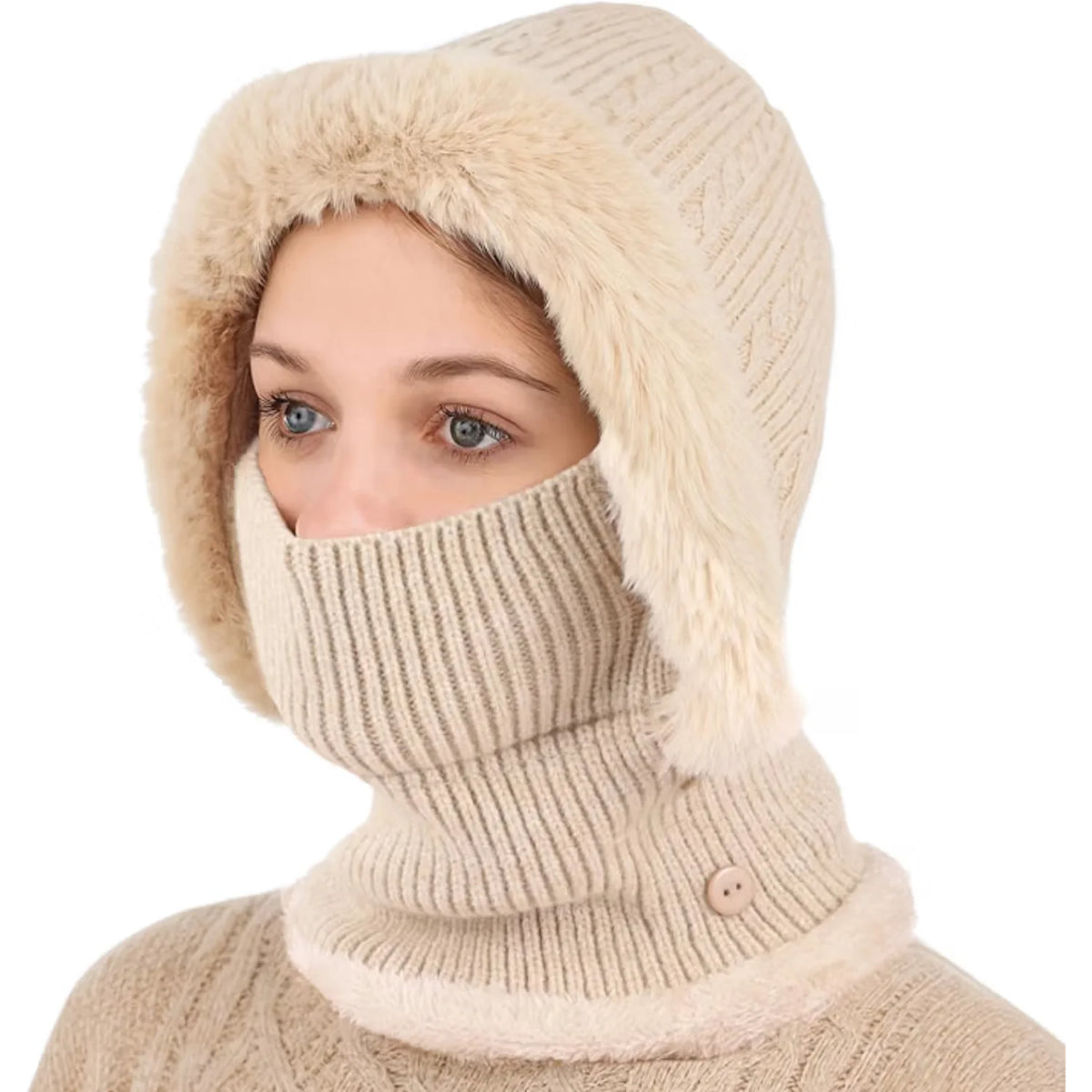 3-in-1 Winter Hat Balaclava, Fleece Lined Knit Hood & Neck Warmer