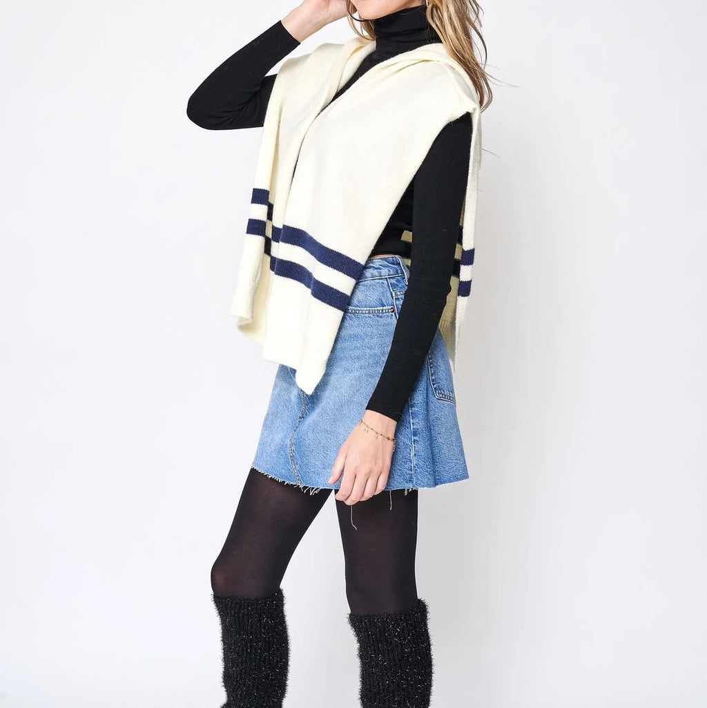 Hooded Sweater Scarf, Striped Knit Hoodie Wrap, Gray – image 17