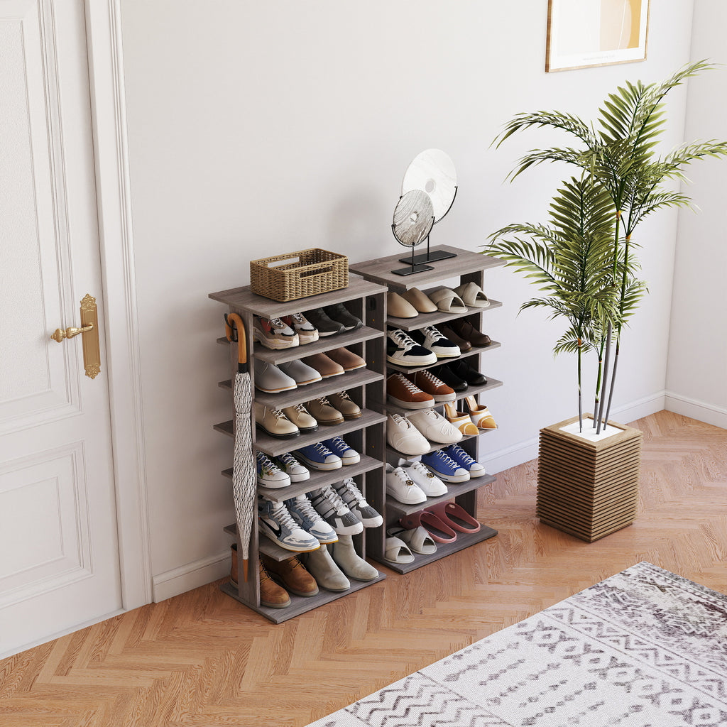 Vertical Shoe Rack, 7-Tier Shoe Tower with Hooks, Rustic Gray – image 3