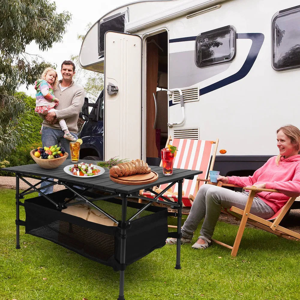 Folding Camping Table with Roll-Up Aluminum Top and Storage Basket