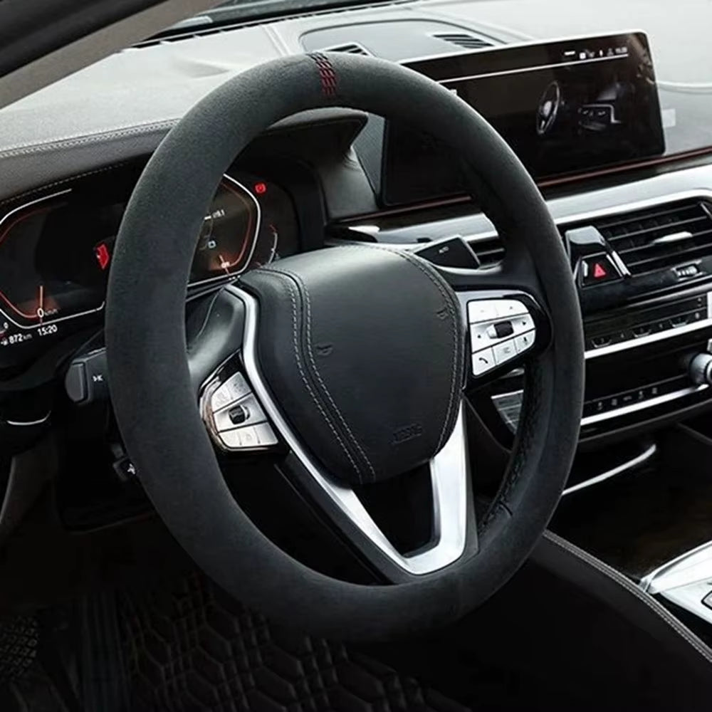 Suede Steering Wheel Cover, Universal 15 in Breathable Non-Slip Wrap – image 4