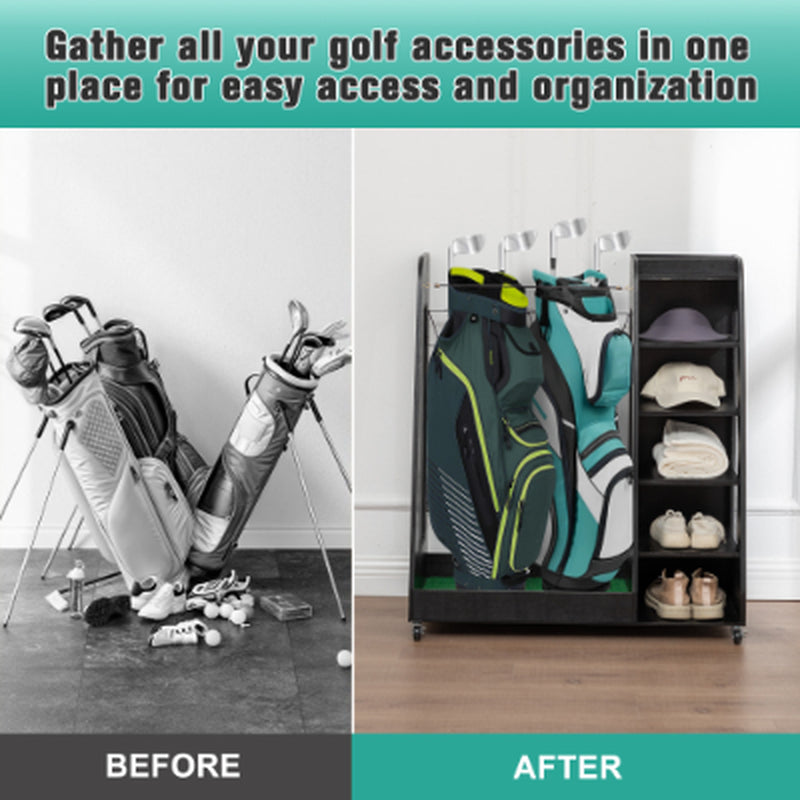 Wooden Golf Bag Organizer for 2 Bags With Shoe Shelves – image 13