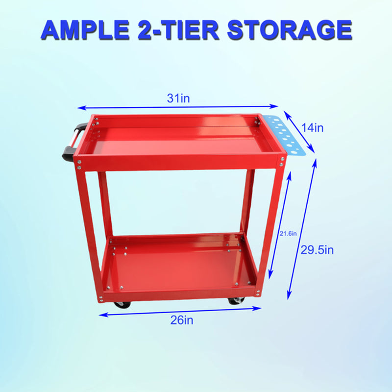 Rolling Tool Cart 2-Shelf Steel Utility Cart, 400 lb, Red – image 8