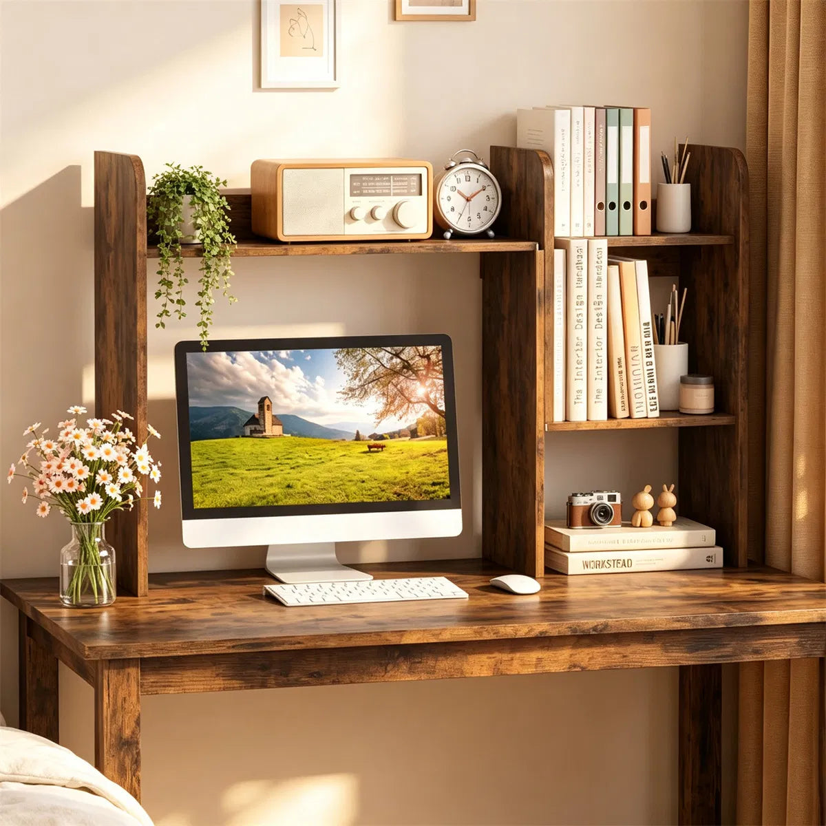 Expandable Desktop Hutch Shelf 26-38 Inch, Rustic Brown Desk Organizer – image 6
