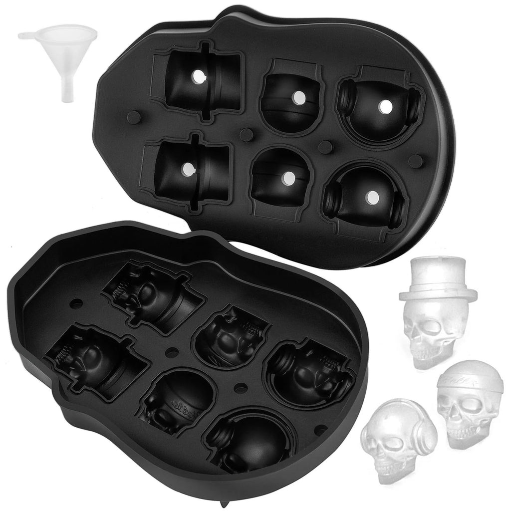 Skull Ice Cube Tray, 6-Cavity Silicone Mold with Lid and Funnel