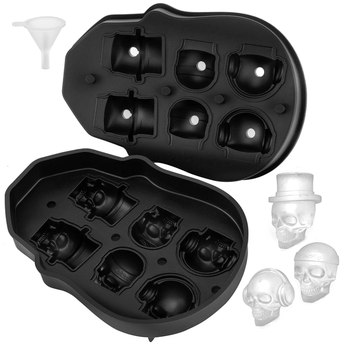 Skull Ice Cube Tray, 6-Cavity Silicone Mold with Lid and Funnel